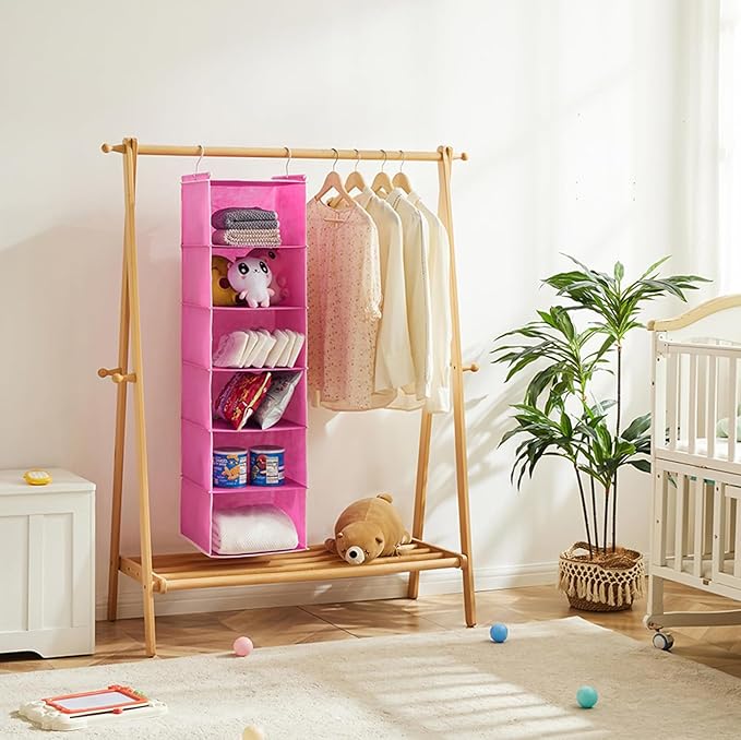 MAX Houser 6-Shelf Hanging Closet Organizer, Hanging Storage Shelves with 2 Sturdy Hooks Space-Saving for Bedroom, Foldable (Pink)