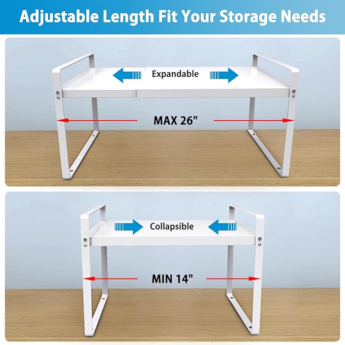 9'' Wide Expandable Cabinet Shelf Organizer Rack Adjustable Length 14''-26'' Pantry Shelf Spice Rack Heavy Duty Nonslip Kitchen Counter Storage Shelves Pantry Cupboard Under Sink Countertop White
