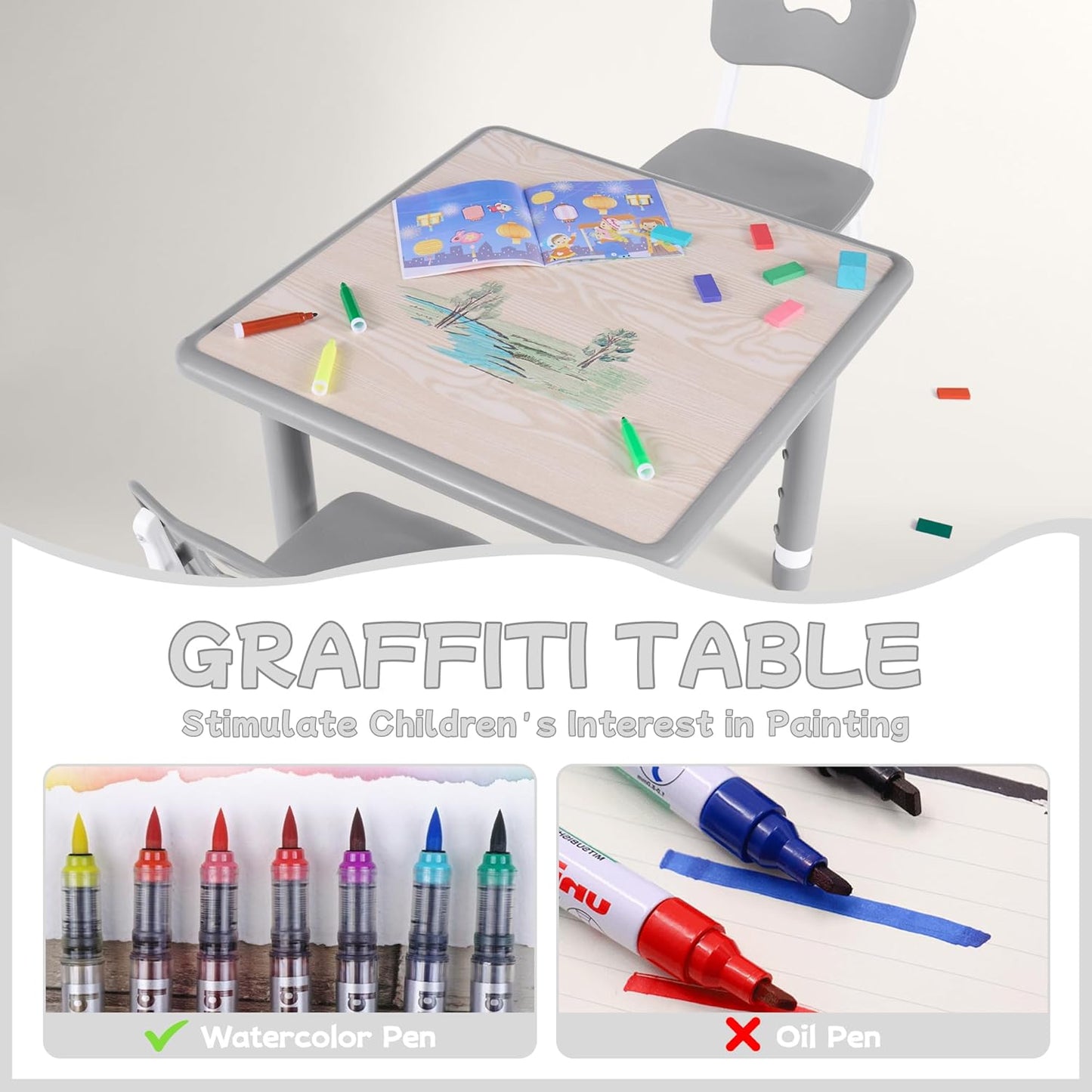 Toddler Table and Chair Set, Height Adjustable-Upgrade Kids Table and 2 Chairs for Ages 3-8, Multi-Activity Toddler Play Table with Graffiti Desktop for Home/Daycare/Classroom