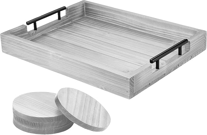 Ottoman Tray | Coffee Table Tray Decorative, Serving Tray with Handles - 17x13 Inch Wood Tray for Coffee Table Tray - with 4 Wooden Coasters -Tray for Ottoman, Breakfast