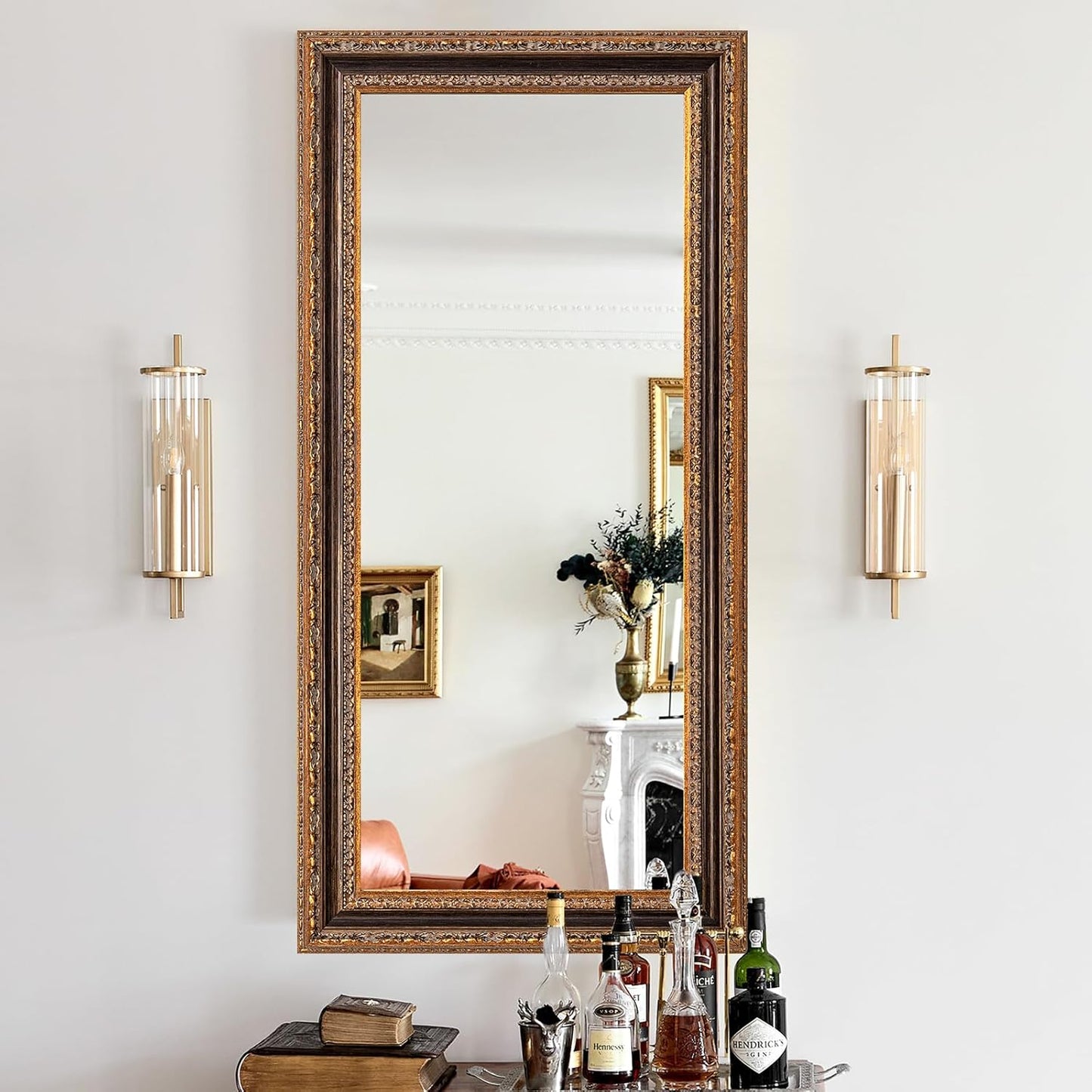 Narrow Vintage Wall Mirror, 46" X 22.5" Decorative Mirror with Black and Bronze Handmade Aging Carvings Solid Wood Frame for Baroque Bathroom, Living Room, Fireplace, Entryway and Bedroom