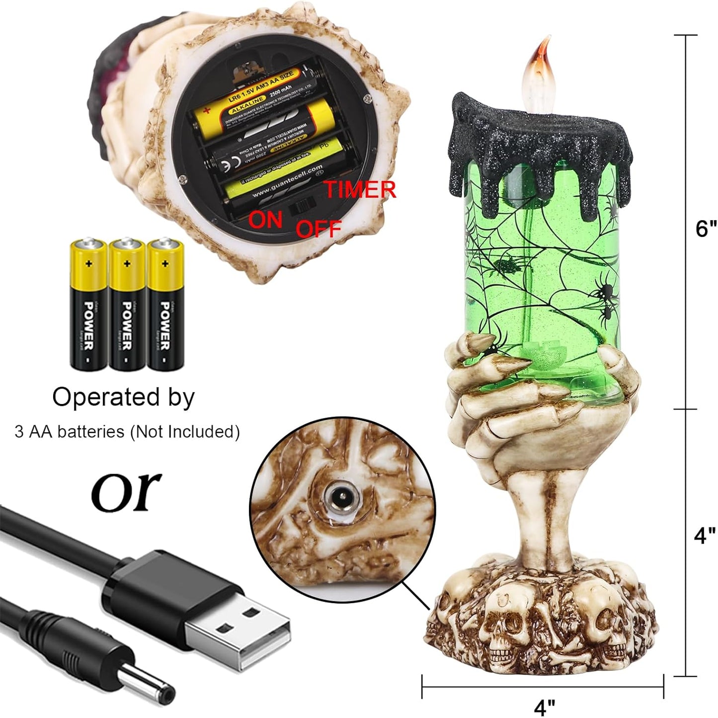 Eldnacele Halloween Snow Globe Candles Lighted Lamp USB Powered Battery Operated Spooky Spinning Water Glittering Tornado Flameless Candles Skeleton Hand Holder Halloween Centerpiece Decor(Spider)