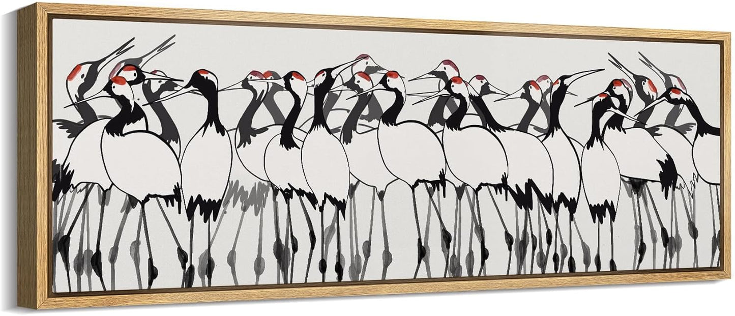 MUDECOR Large Framed Canvas Print Wall Art Minimalist Crane Flock Japanese Ink Style Bird Illustrations Decorative Colorful Multicolor for Bedroom - 60"x20"