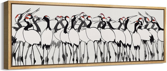 MUDECOR Large Framed Canvas Print Wall Art Minimalist Crane Flock Japanese Ink Style Bird Illustrations Decorative Colorful Multicolor for Bedroom - 60"x20"
