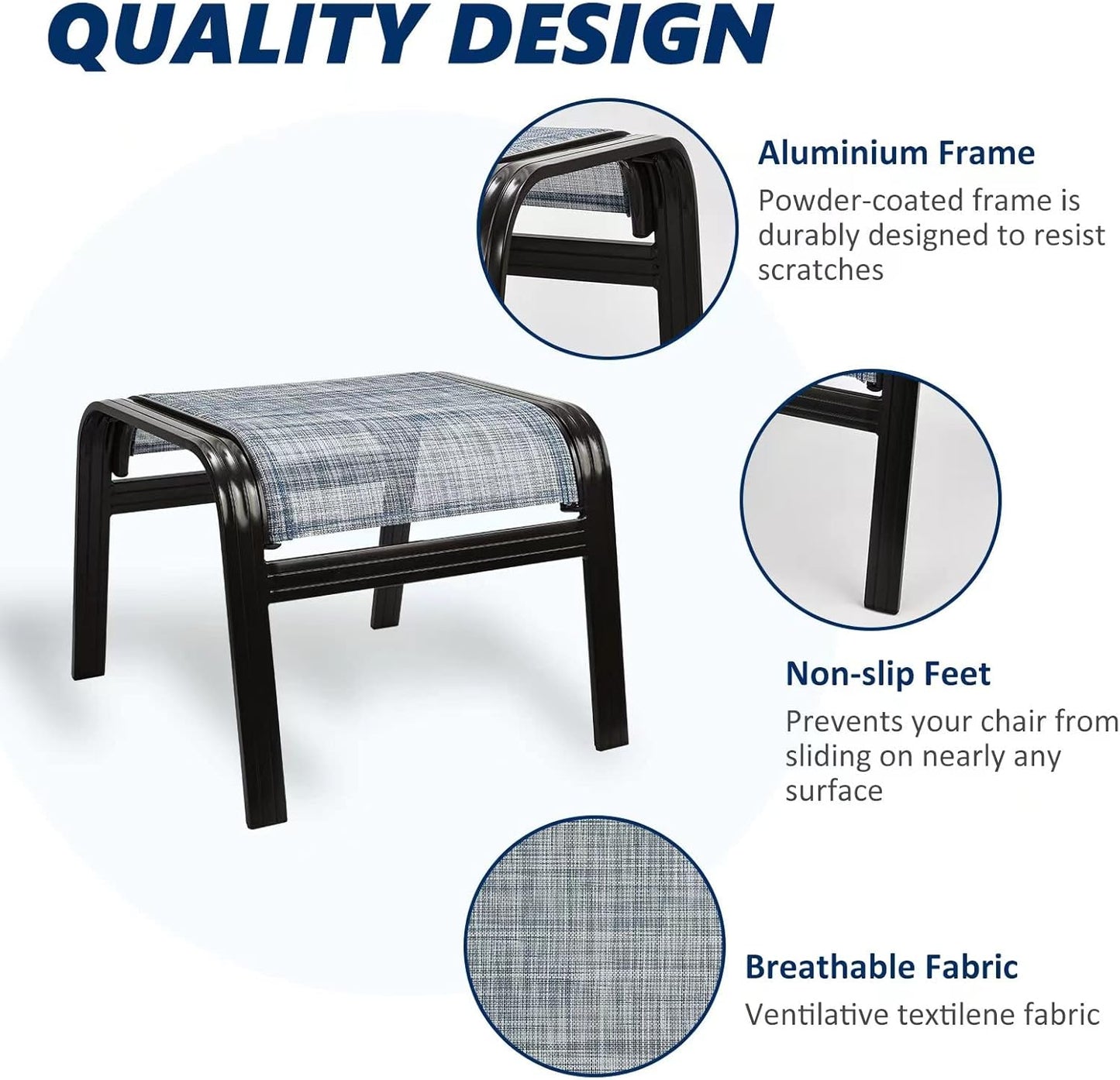 Outdoor Footstools for Patio,Textile Ottomans Metal Dining Footrests Stack Chairs for Lawn,Garden or Porch 2 Set Blue