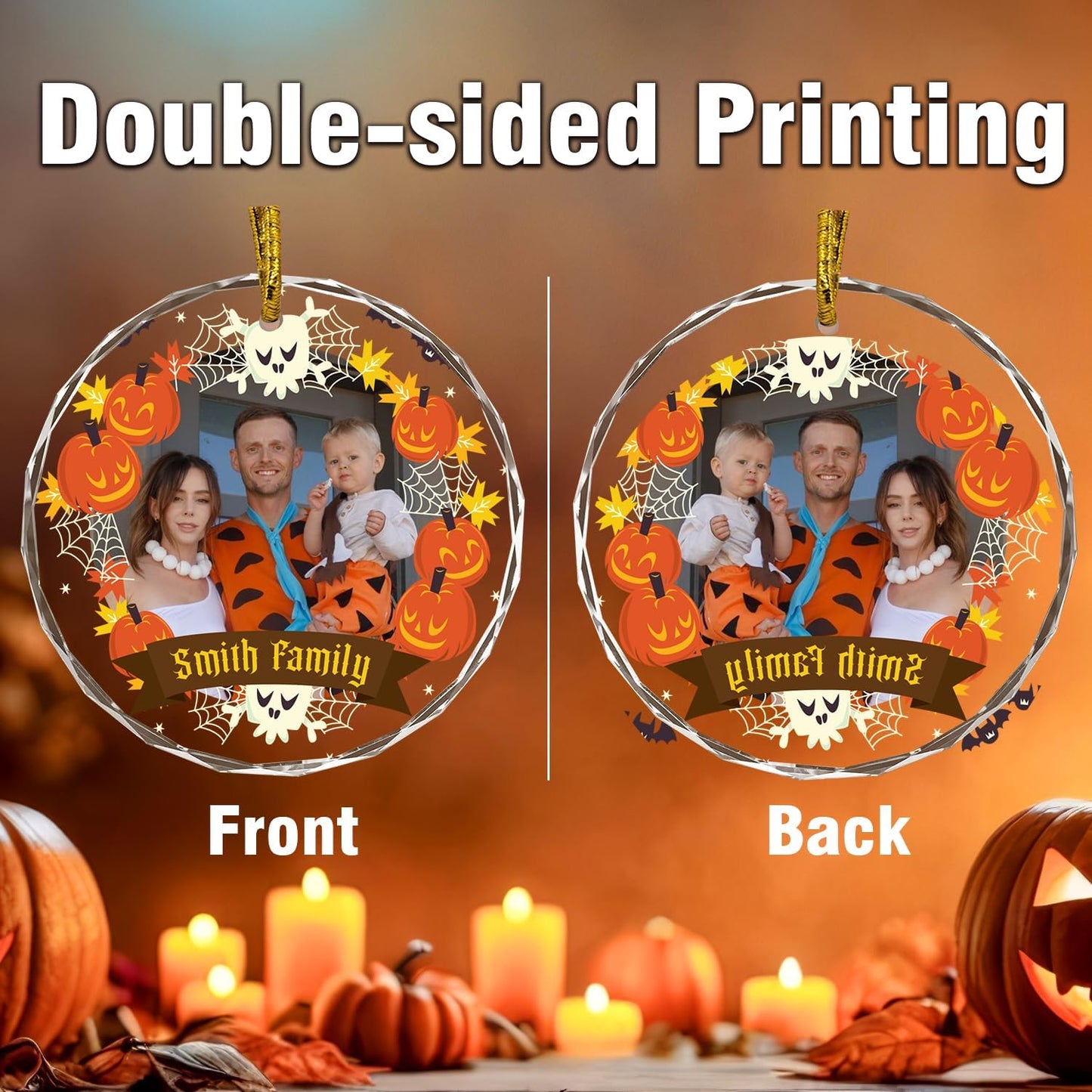 Custom Crystal Ornament, Personalized Halloween Family Hanging Ornament, Halloween Spooky Glass Hanging Decor, Spooky Pendent, Ghost and Pumpkin Hanging Gifts for Mom/Dad