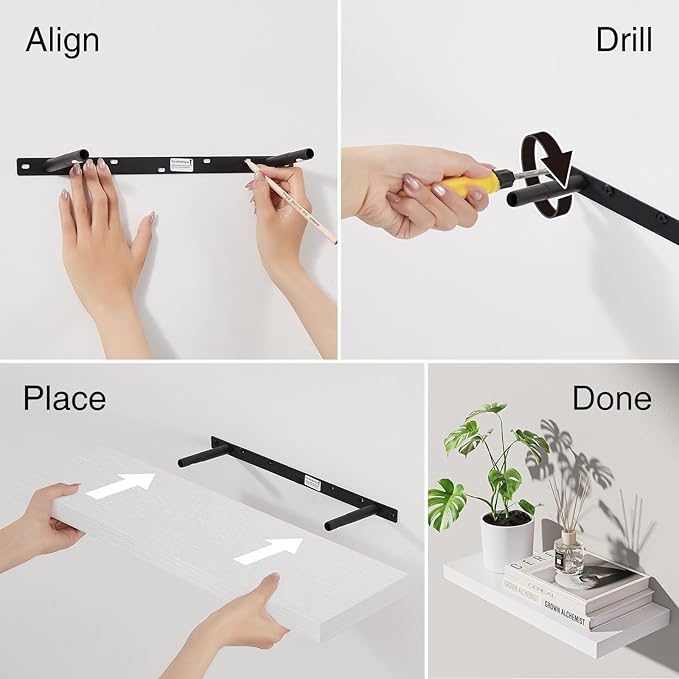 BAYKA Floating Shelves Set of 2, 22.5" Rustic Wood Wall Mounted Shelves for Bathroom, Bedroom, Living Room, Kitchen & Office, Hanging Display Shelf with 22 lbs Capacity (White)