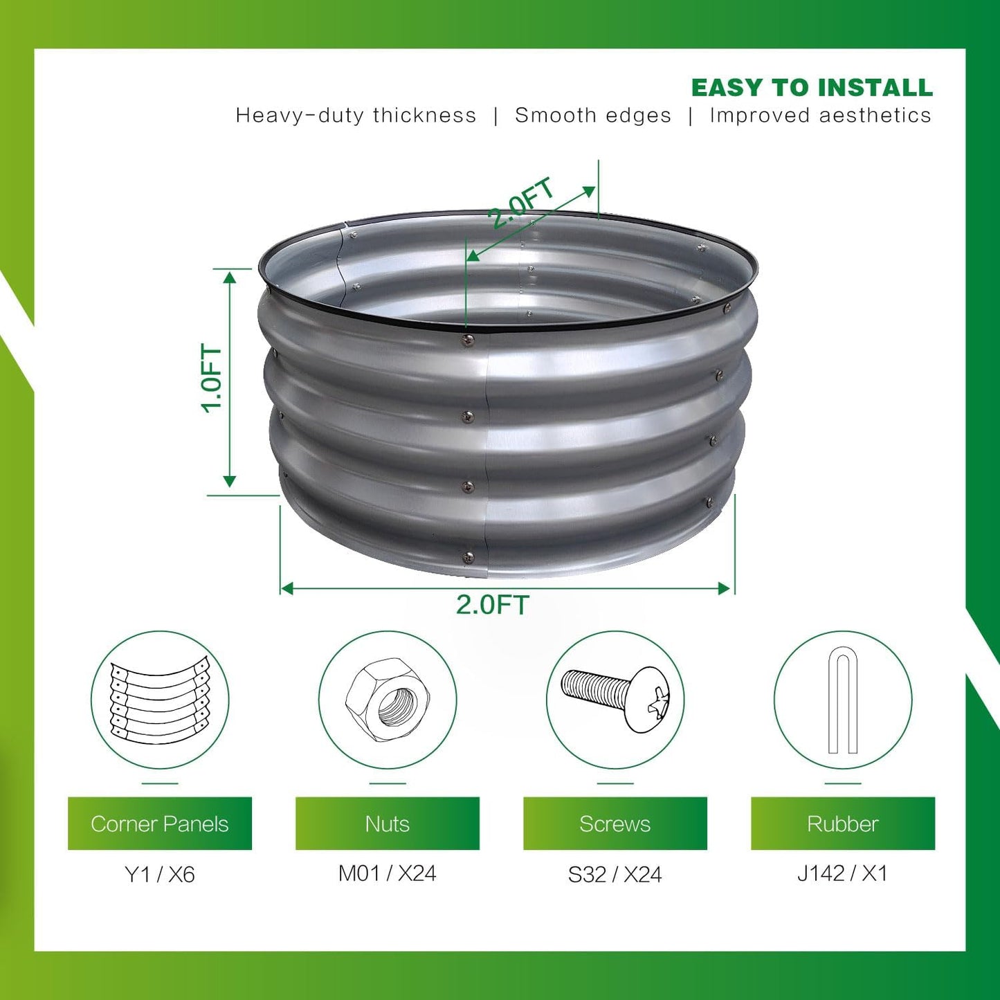 GARDMAX 2x2x1FT Galvanized Round Raised Garden Bed Kit, Metal Planter Boxes Outdoor with Easy Assembly, Large Garden Bed for Vegetables, Fruits, Flower, Herbs Silver