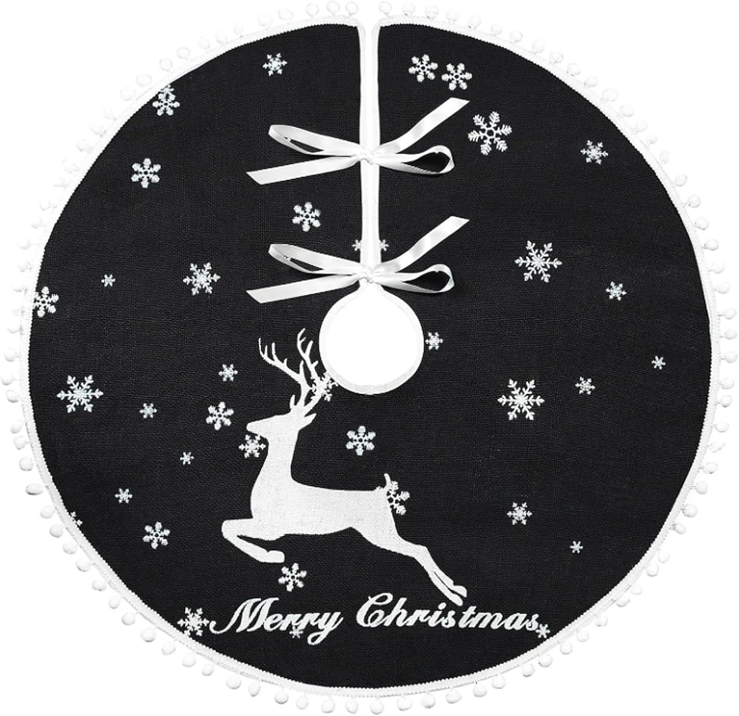 48 Inch Christmas Tree Skirt, Burlap Black Christmas Rustic Tree Skirt with Elk Deer and White Snowflake Printed for Holiday Party Xmas Tree Decoration