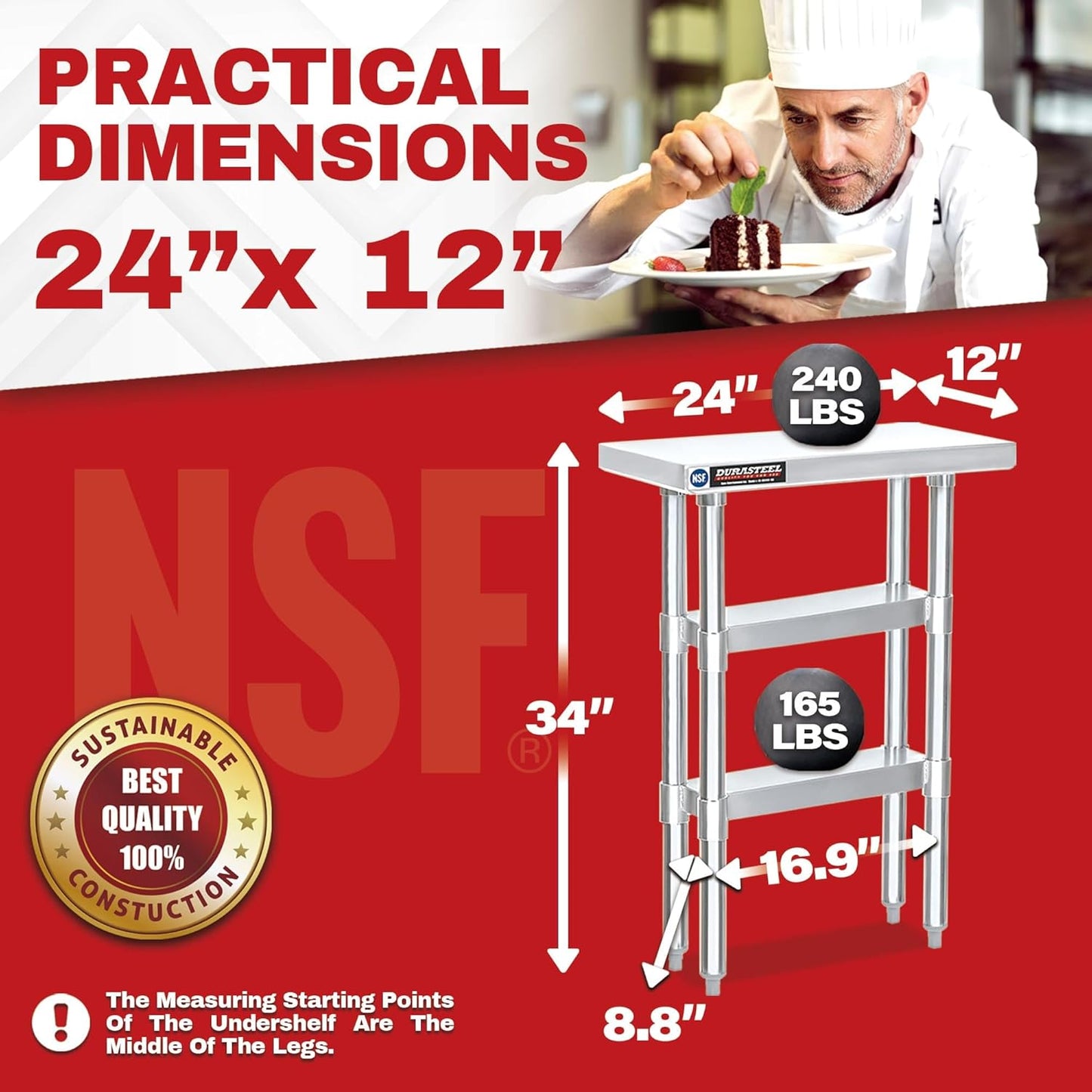 DuraSteel Food Prep Stainless Steel Table - 24 x 12 Inch Commercial Metal Workbench with Adjustable Under Shelf - NSF Certified - for Restaurant, Warehouse, Home, Kitchen, Garage