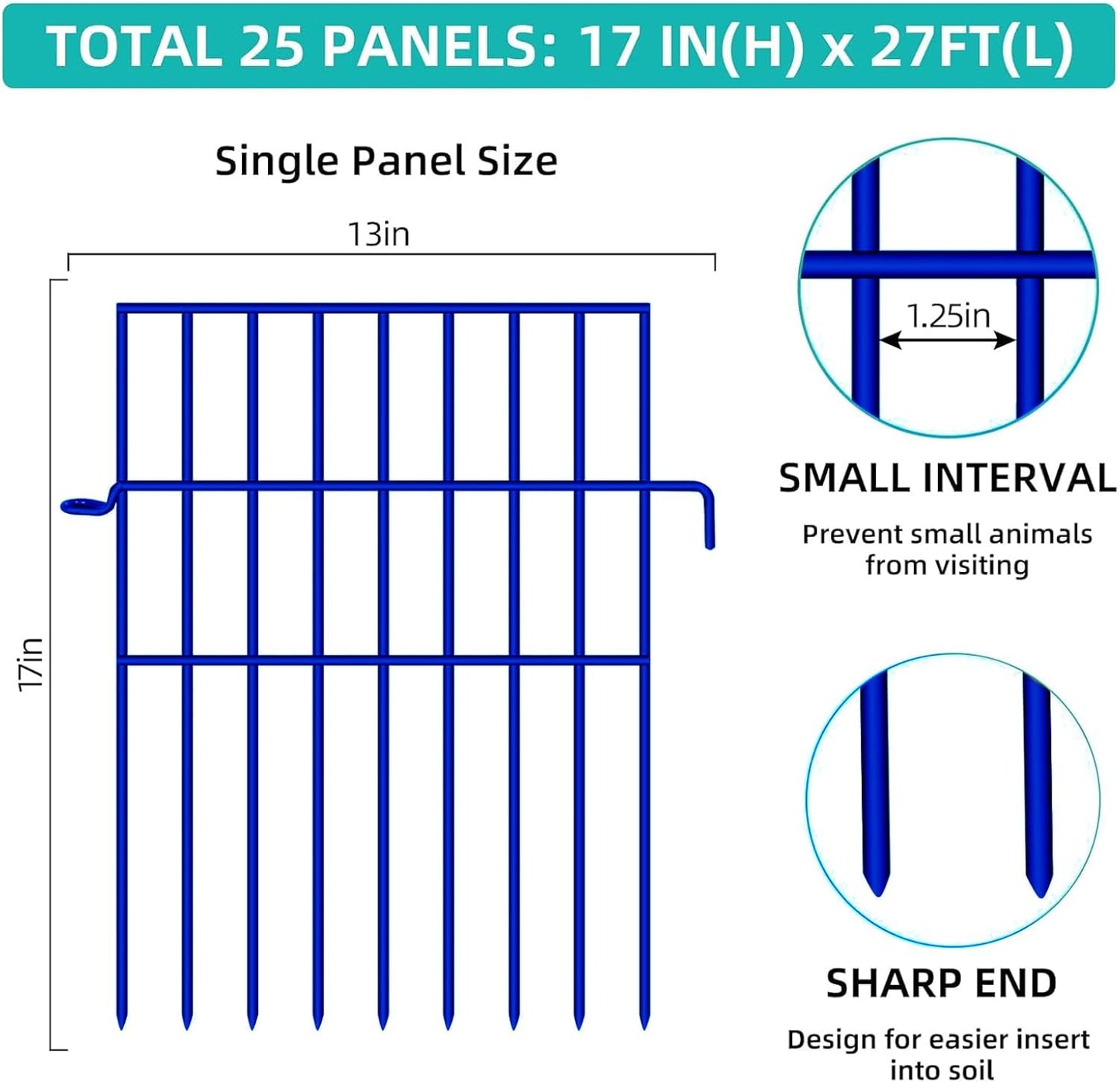 Animal Barrier Fence, 25 Panels No Dig Fences, 17in(H) X 27ft(L) Garden Fence Animal Barrier for Rabbits and Dog Under Fencing Barrier, Rustproof Metal Fences Border for Outdoor, Yard, Patio