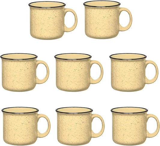 Set of 8 Ceramic Campfire Mugs – 15 Oz, Yellow – Coffee & Tea Cups for Home, Work, Travel, Camping – Customizable, Great for DIY, Events, Companies