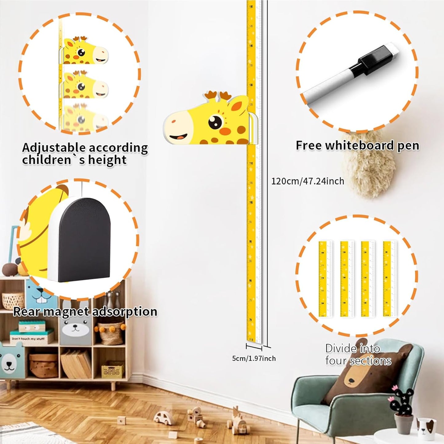 Kids Growth Chart Height Measure Wall Decal Animal Alphabet Stickers Giraffe Design Removable Wall Decorations