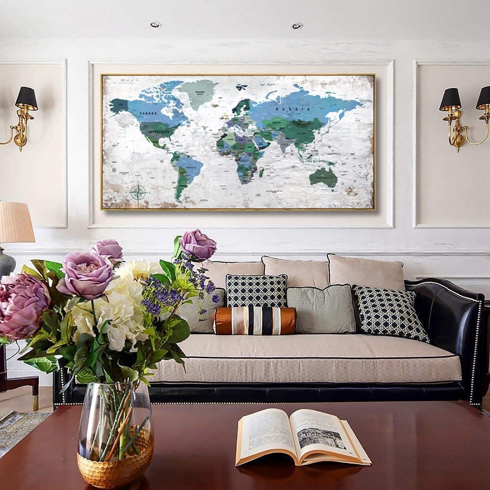 Framed Wall Art World Map Wall Art Canvas Picture 24inchx48inch Large Blue Map of The World Canvas Painting Artwork Prints for Office Wall Decor Home Living Room Decorations Framed Ready to Hang