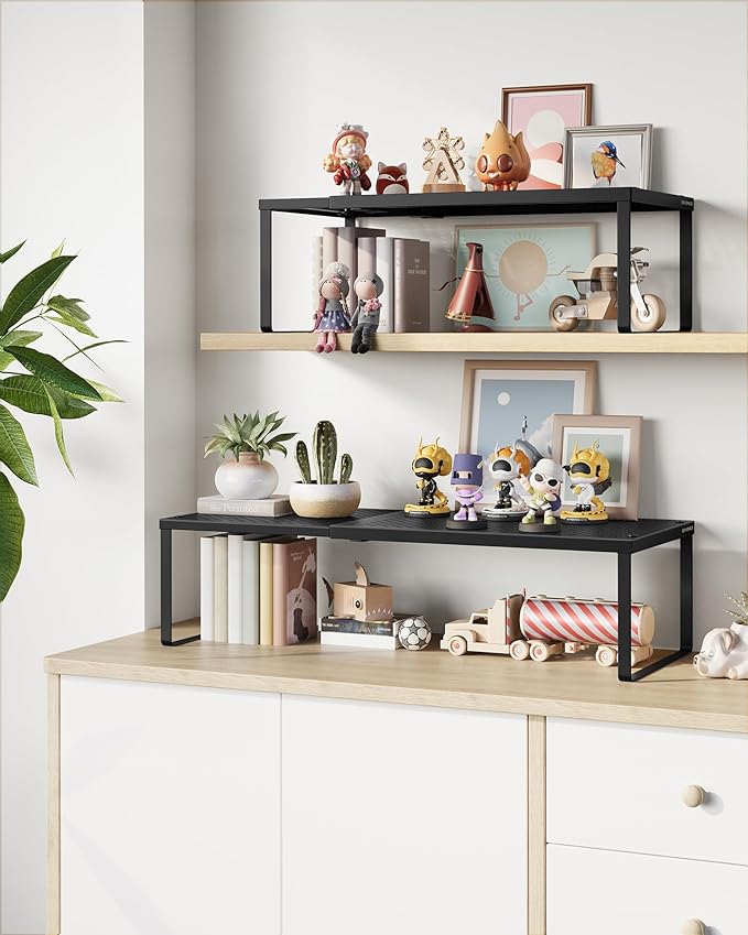 SONGMICS Spice Racks, Set of 2 Expandable Kitchen Countertop Shelves, Small Cupboard Organizers, Metal, Space-Saving Tabletop Shelves, Matte Black UKCS402B01