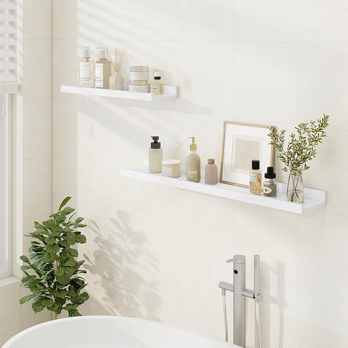 Floating Picture Ledge Shelves 24 Inch Solid Oak Wood Set of 2, Rustic Wall Storage Shelves with Lip, Kids Bookshelf, Photo & Picture Ledge Shelves for Bedroom, Living Room, Kitchen