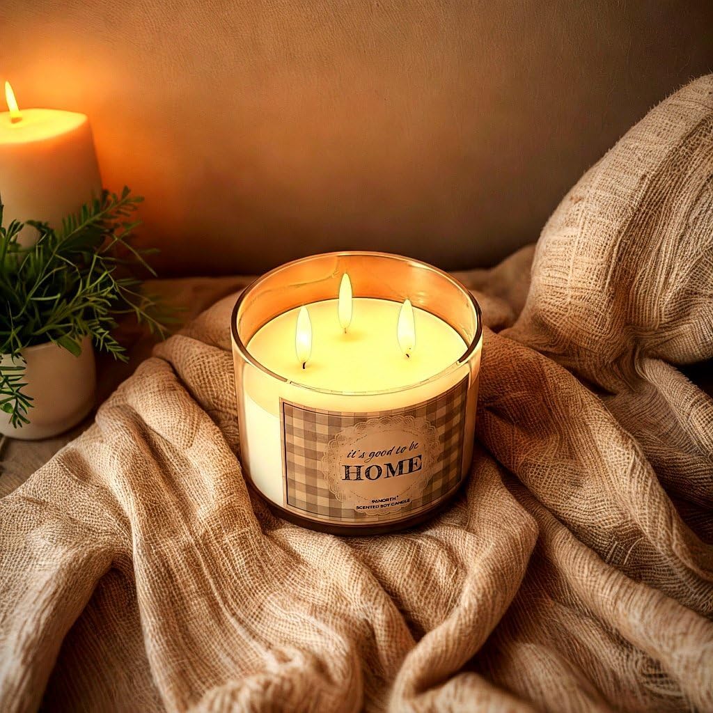 96NORTH Fresh Linen & Soft Amber Candle | Large 3 Wick Jar Candle | 12 Oz Up to 50 Hours Burning Time | 100% All Natural Soy Wax | Relaxing Aromatherapy Candle | Housewarming Gift for Women and Men