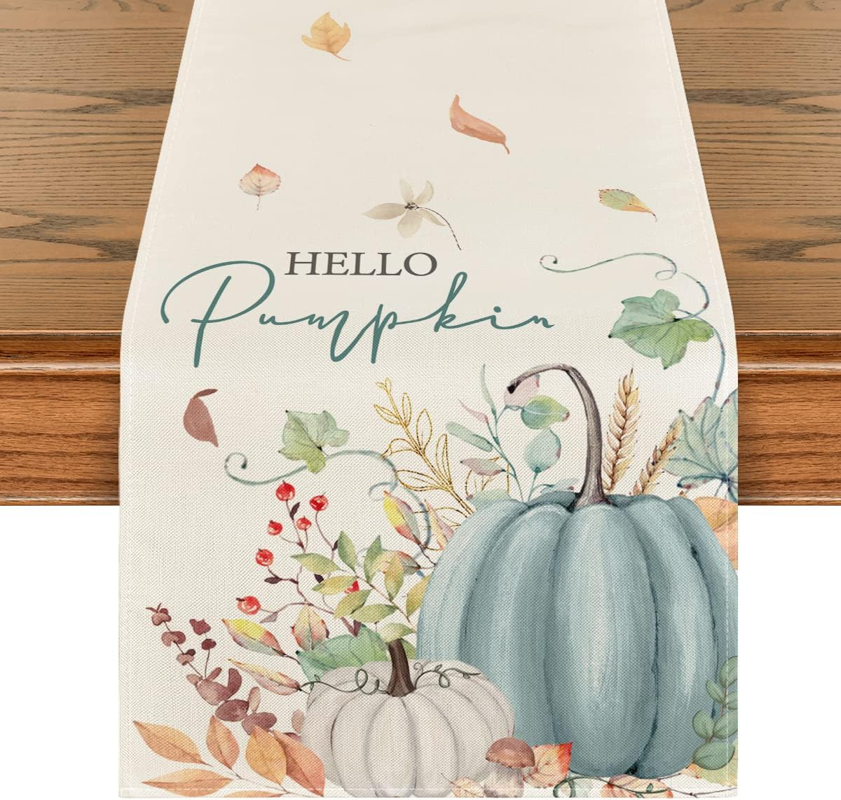 Artoid Mode Aqua Hello Pumpkin Leaves Fall Table Runner, Seasonal Autumn Kitchen Dining Table Decoration for Home Party Decor 13x90 Inch