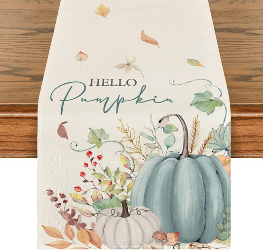 Artoid Mode Aqua Hello Pumpkin Leaves Fall Table Runner, Seasonal Autumn Kitchen Dining Table Decoration for Home Party Decor 13x72 Inch
