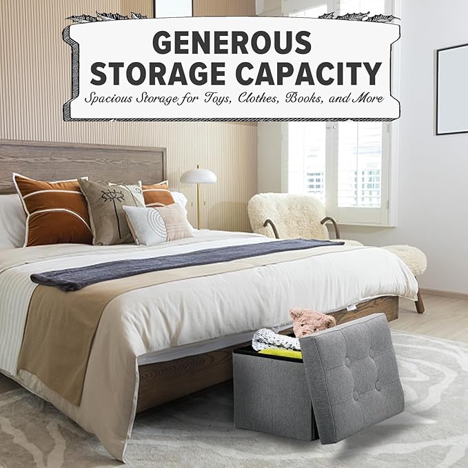 LINMAGCO Ottoman Storage Ottoman with Storage Small Foot Rest Stool Under Desk Stool Short Folding Footrest Linen Cloth Light Gray 16X12X12IN