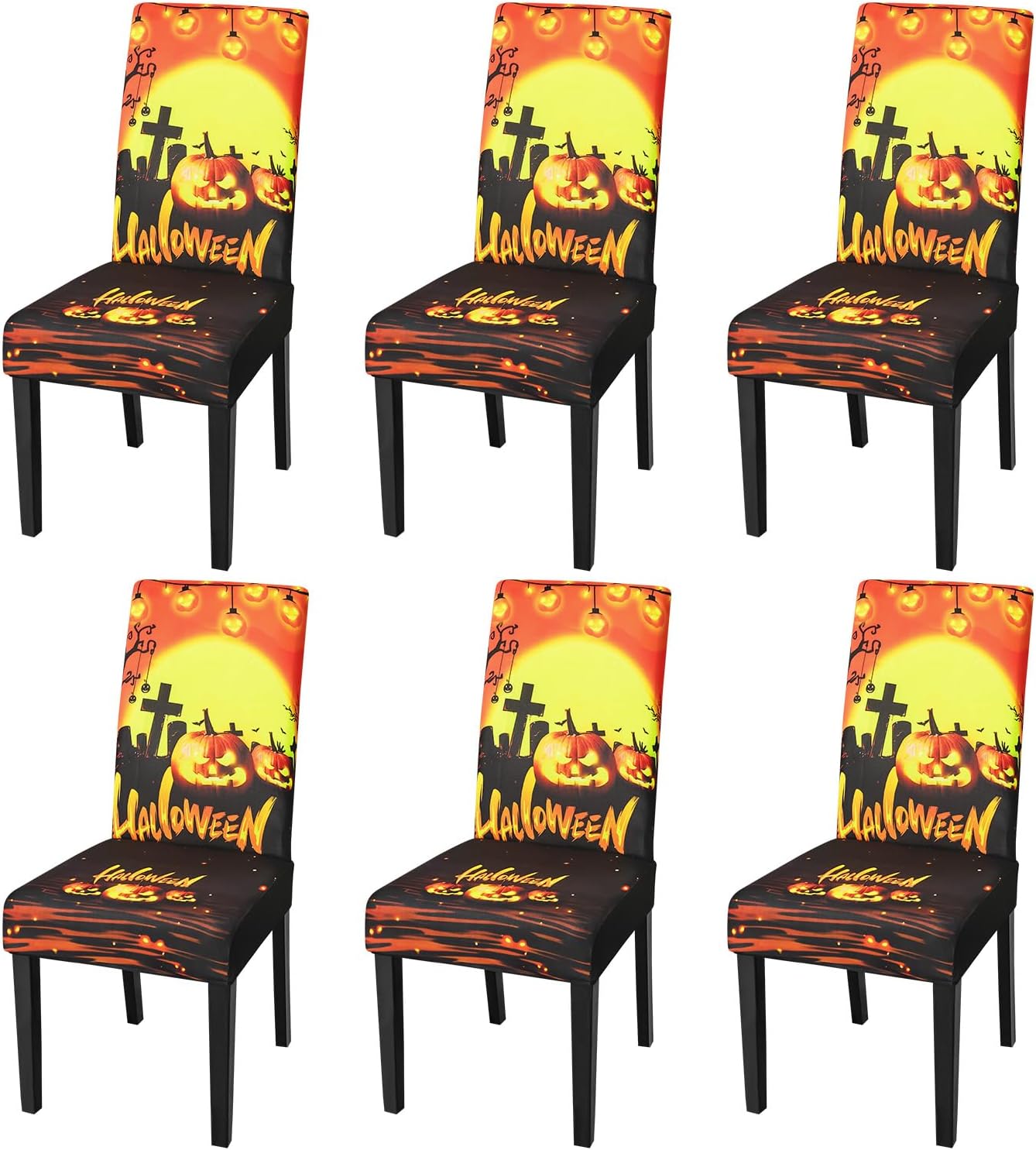 JQinHome Orange Halloween Chair Slipcover, Pumpkin Chair Covers Set of 6, High Stretch Washable Chair Protector Cover for Dining Room, Kitchen,Home Party,Wedding Ceremony(Orange,6PC)