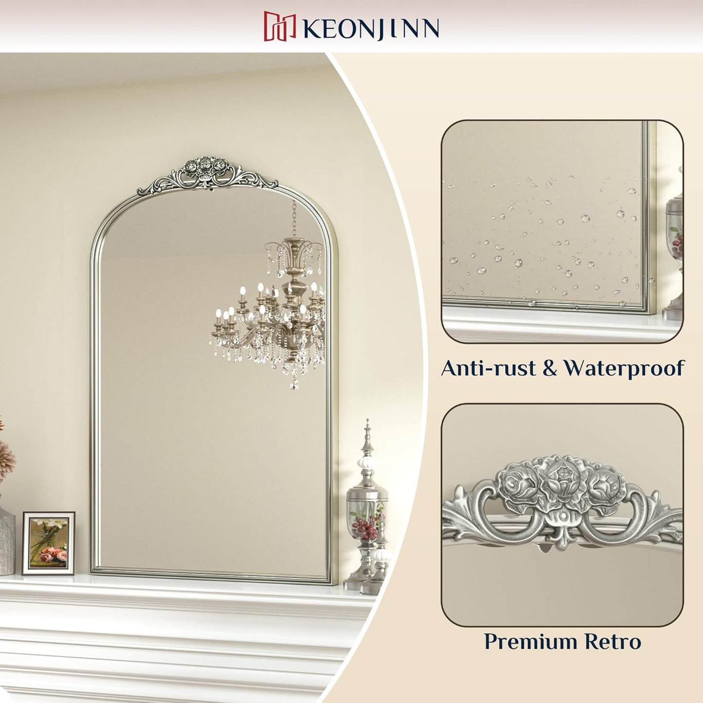 Keonjinn Vintage Mirror for Wall, 40" x 30" Silver Mirror with Metal Frame, Ornate Arched Decoration, Brass Mirror for Mantle, Living Room, French Cleat Mounting