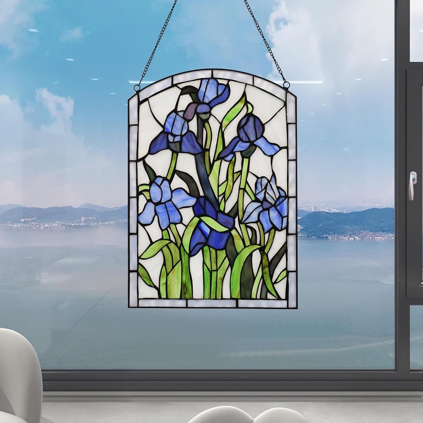 YOURANJU Iris Stained Glass Window Hanging 16" H x 11" W Tiffany Style Blue Rectangular Window Panel Suitable for Living Room Bedroom Kitchen Window Decoration Hangings with Chain