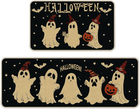 Halloween Kitchen Mat Set of 2, Pumpkin Ghost Bat Halloween Kitchen Decor, Halloween Rug for Floor, Indoor Spooky Home Decor with Non-Slip Backing,17 x 29 Inch & 17 x 47 Inch