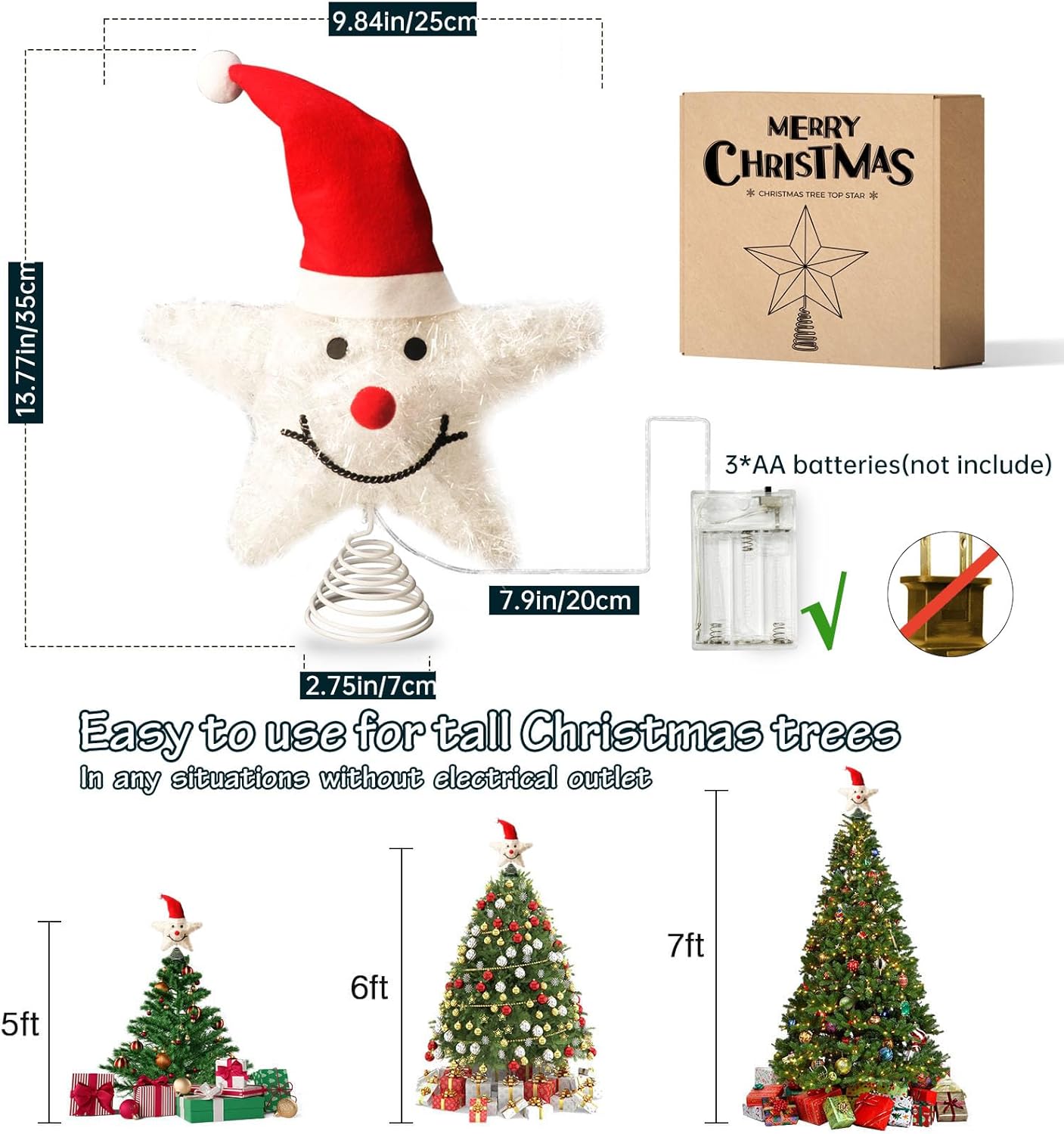 Christmas Tree Topper Snowman Star with Warm White 20 LED Lights, Xmas Tree Topper Star for Holiday Seasonal Decor Battery Required Outdoor Indoor