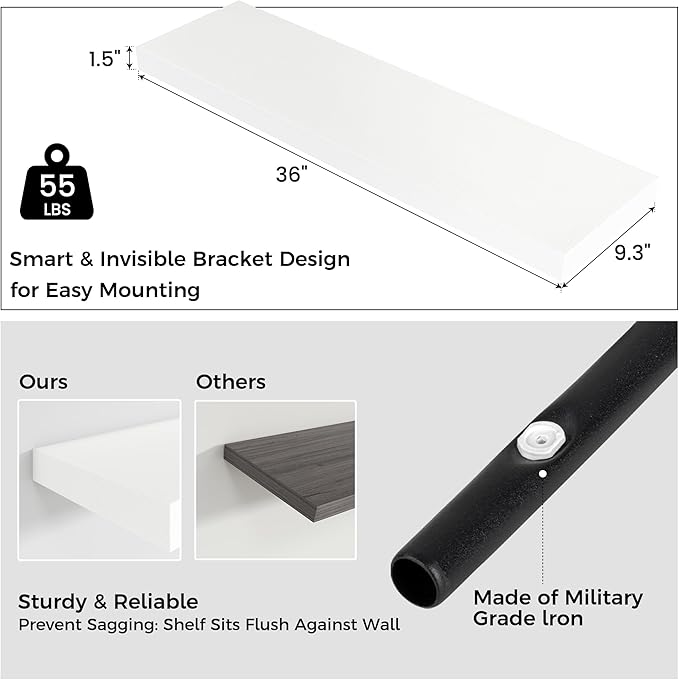 Floating Shelves for Wall, 2 Large Wall Mounted Shelves with Invisible Brackets, Long Wood Floating Wall Shelf Shelves for Living Room, Bedroom, Kitchen, (White, 36" W x 9" D x 1.5" H)