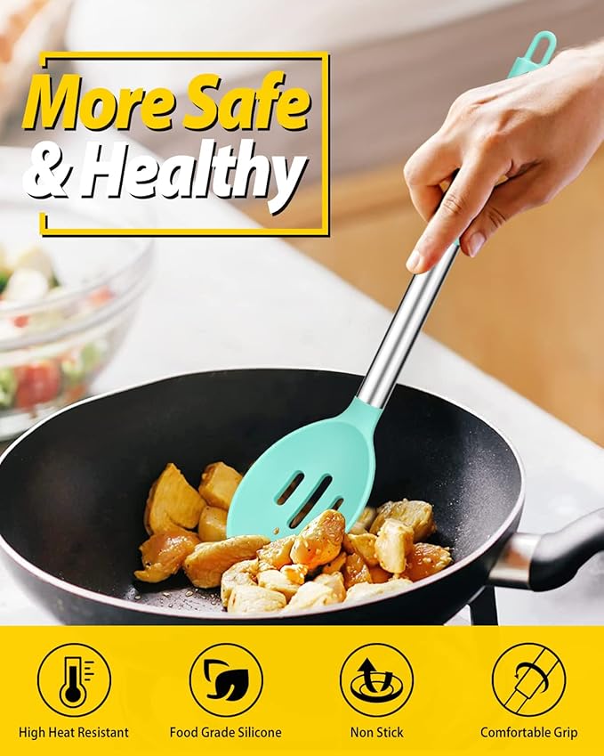 Pack of 2 Large Silicone Cooking Spoons,Non Stick Solid Basting Spoon,Heat-Resistant Kitchen Utensils for Mixing,Serving,Draining,Stirring (GREEN)