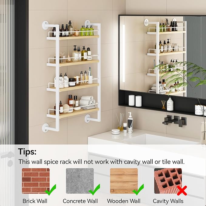 IBUYKE Spice Rack Wall Mount,4 Tier Hanging Seasoning Organizer,Spice Rack for Wall for up to 50 Jars,Spice Organization for Kitchen Cabinet,Living Room,Bathroom,Pantry,Natural TLJ016R