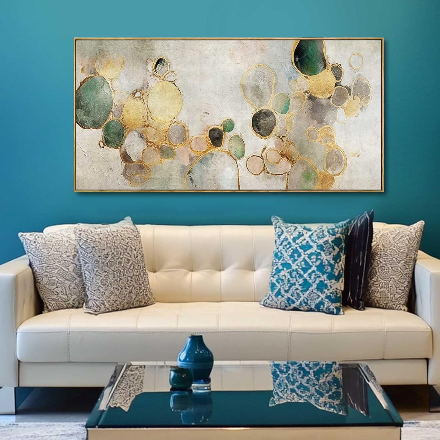 Gold Circle Modern Artwork Framed Abstract Wall Art Green Canvas Decor 24"x48" Wall Decorations for Bedroom Living Room Kitchen