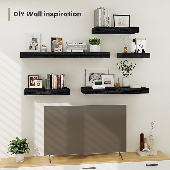 Heimlove 12 Inch Deep Floating Shelves, 12 x 12 inches Long Wall Shelf, Large Extra Display Shelf & Storage Shelf, Rustic Wood Wall Shelves for Fireplace Mantel, Black - 2Pack