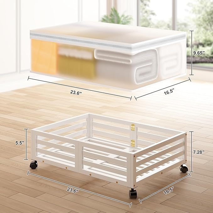 Under Bed Storage Containers With Wheels - 2 Pcs Bamboo Wood Rolling Underbed Shoe Storage Bins With Dust Bags for Clothes Blankets, Duvet Covers Snacks Toys (White)