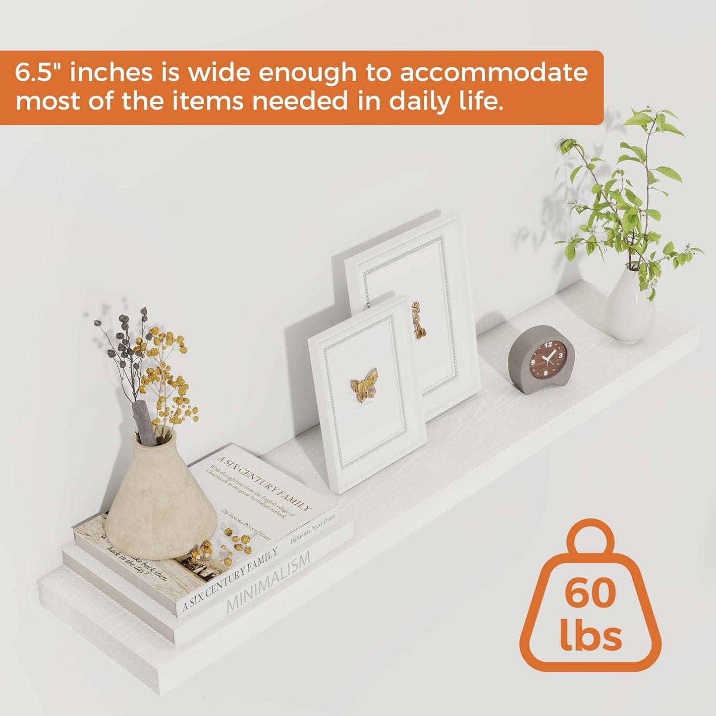 Fun Memories 32Inch Floating Shelves for Wall 2 Pack Wood Shelves for Kitchen, Bathroom, Bedroom Wall Mounted Rustic Wood Floating Shelf with Invisible Brackets for Books, Storage, Decor, White