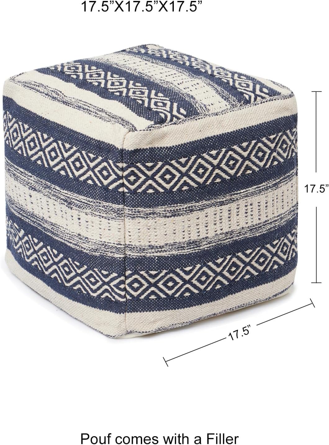 REDEARTH · Tufted Pouf Ottoman with Filler Textured Storage Cube Bean Bag Pouffe Footrest for Living Room, Bedroom, Nursery, Home Decor; 100% Cotton (17.5"X17.5"X17.5", Indigo Impressions)