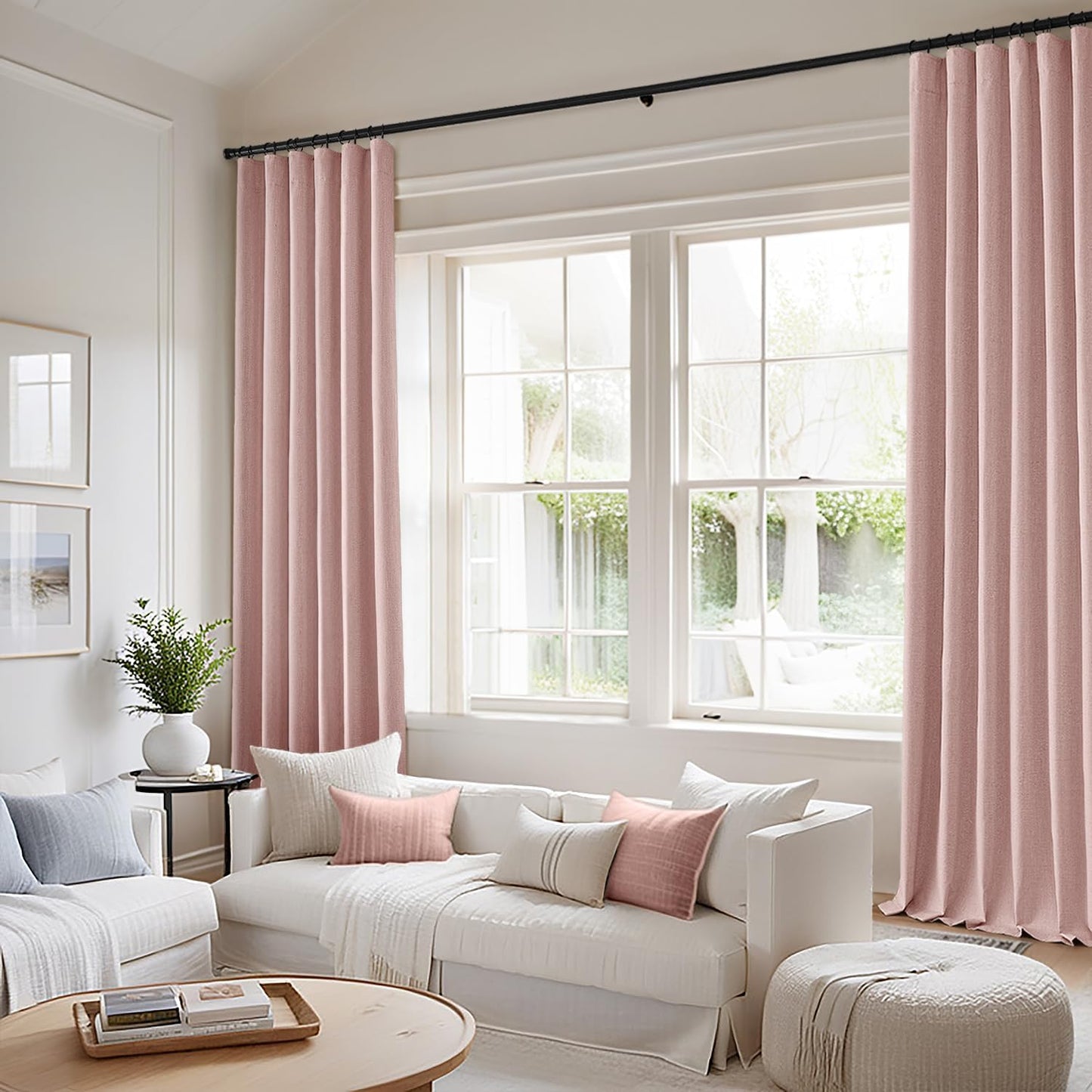 MIULEE 100% Blackout Curtains 96 Inch Long 2 Panels for Bedroom, Thick Faux Linen Black Out Curtain Room Darkening Back Tab Pleat Floor to Ceiling Window Drapes with Hooks for Living Room, Baby Pink
