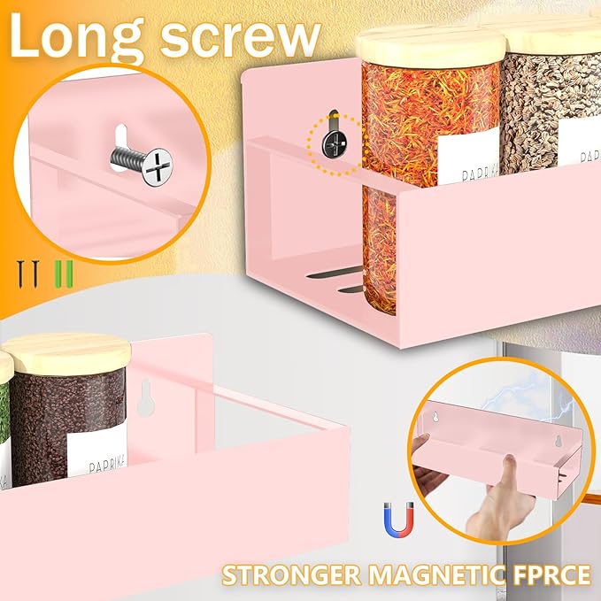 Magnetic Spice Rack Organizer for Fridge Seasoning Organizer for Kitchen Storage With Screw Magnetic Shelf for Oven, RV,Garage,Bathroom (Pink, 4pack)