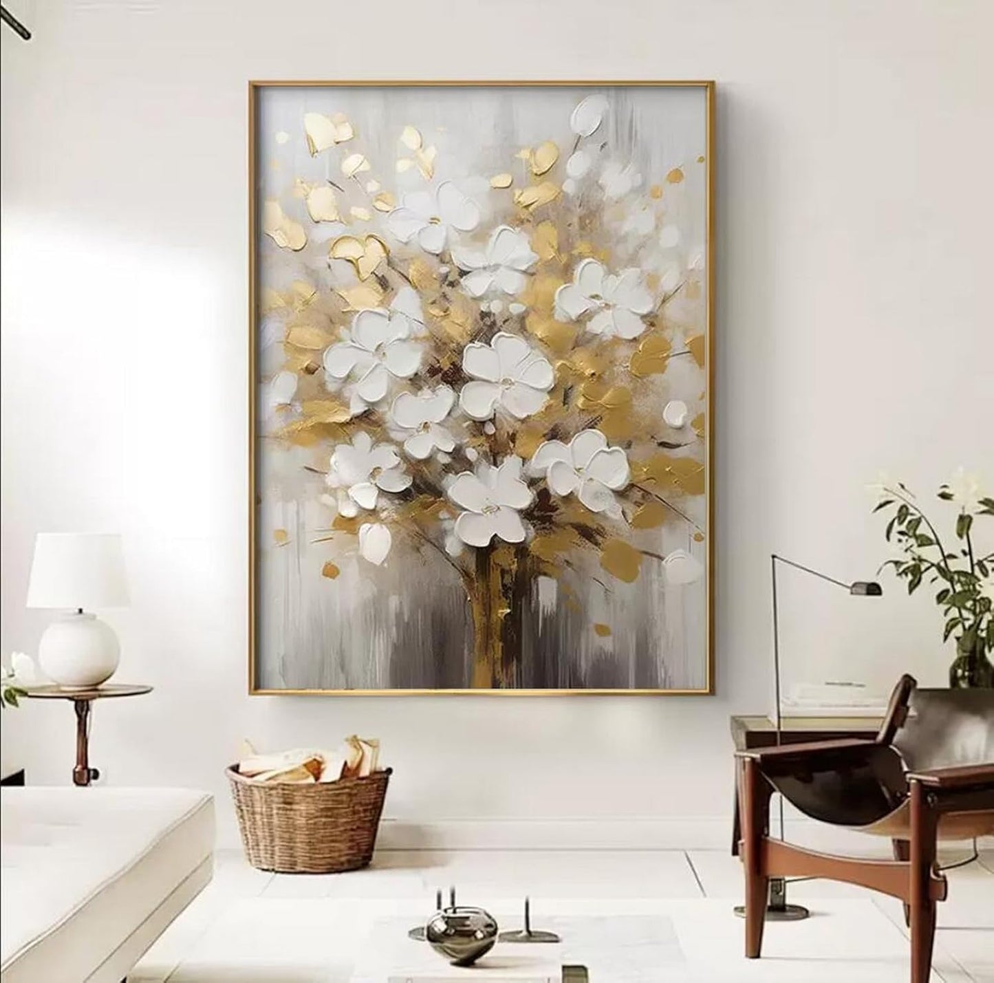 Hand-Painted White and Gold Flowers Painting On Canvas for Living Room,Large 3D Floral Wall Art for Office,Framed Golden Leaf Textured Artwork for Bedroom Girl's Room Wall Decor 30x48inch