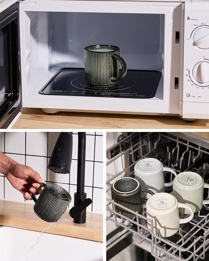 famiware Coffee Mug Set for 4, Star 12 oz Catering Mugs Cup Set with Handle for Coffee, Tea, Cocoa, Milk - Ceramic Stoneware Drinkware Set, Deep Forest