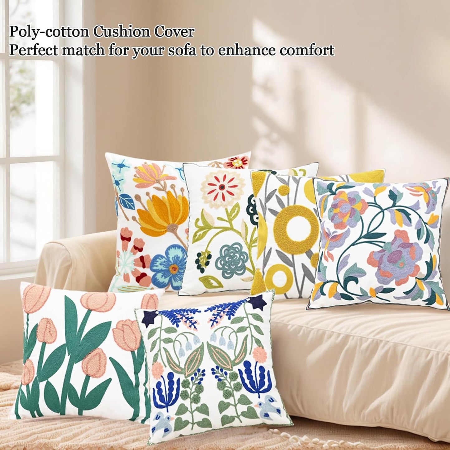 Embroidered Throw Pillow Case Spring Romantic Flower Cushion Cover Farmhouse Woven Printed Pillowcase for Living Room Sofa Floral Breeze