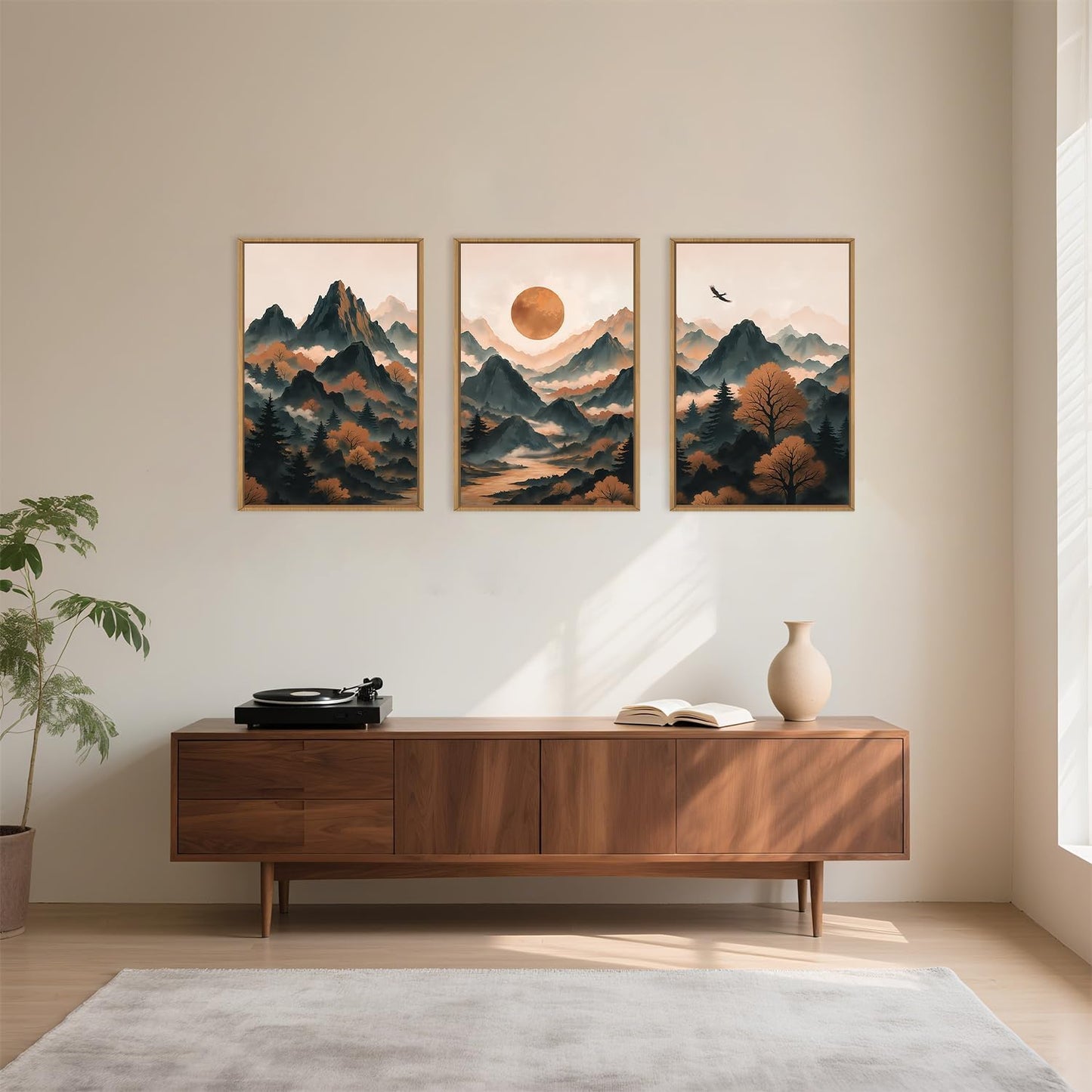 Large Boho Mountain Framed Canvas Wall Art Set, Brown Ridge Landscape Wall Decor, Pine Tree Scenery Wall Painting, Abstract Wilderness Art Print for Living Room, Bedroom, Office - 16"X24"X3