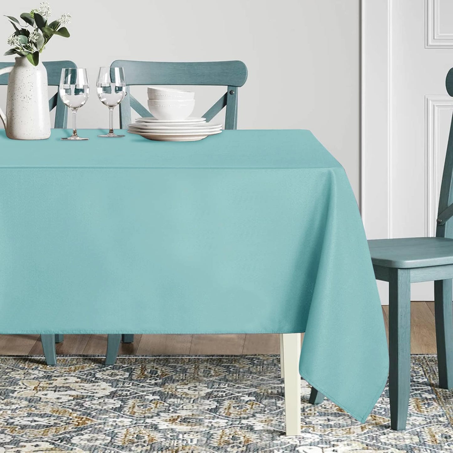 sancua Rectangle Tablecloth - 60 x 84 Inch - Stain and Wrinkle Resistant Washable Spring Table Cloth, Decorative Fabric Table Cover for Dining Tables, Buffet Parties and Camping, Turquoise