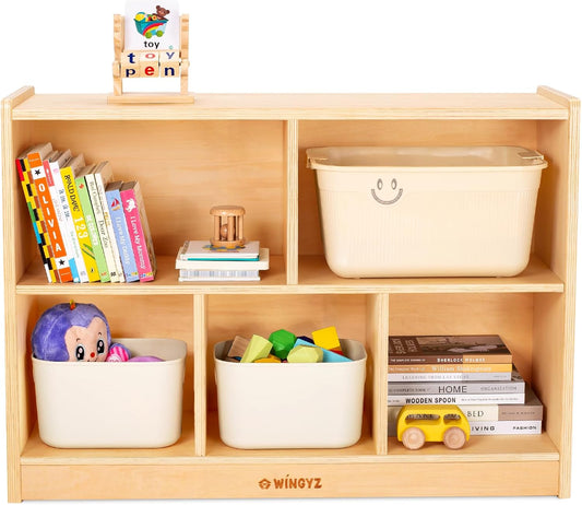 wingyz Wood Storage Shelf Organizer, 35.4" L, 5-Section Montessori Kids Toy & Book Shelf, Wooden Cabinet for Kids Rooms, Playroom, Classroom, Nursery, Preschool Furniture - Nature
