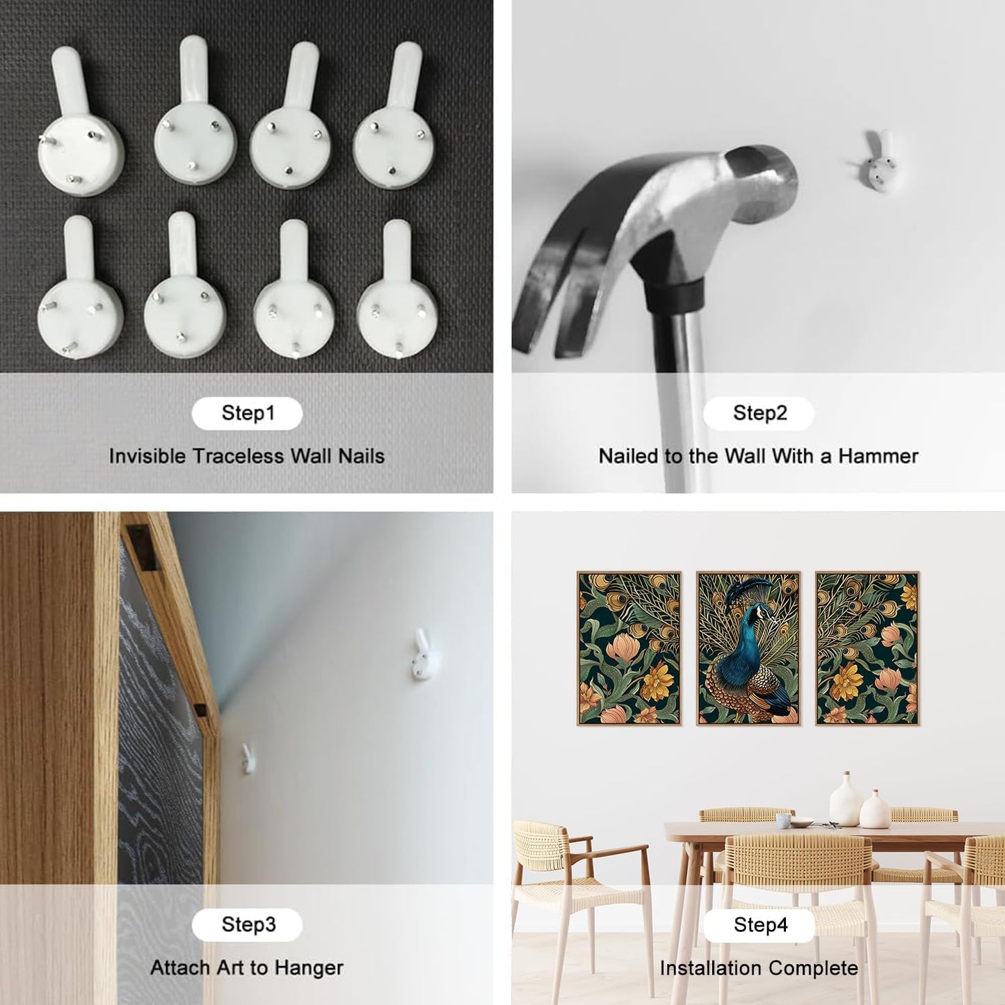 HLNIUC Peacock Framed Canvas Wall Art,Large Peacock Flower Wall Decor Set of 3(16”x24”)Modern Elegance Peacocks Floral Framed Painting,Vintage Beautiful Animal Feather Art Print for Living Room,Office