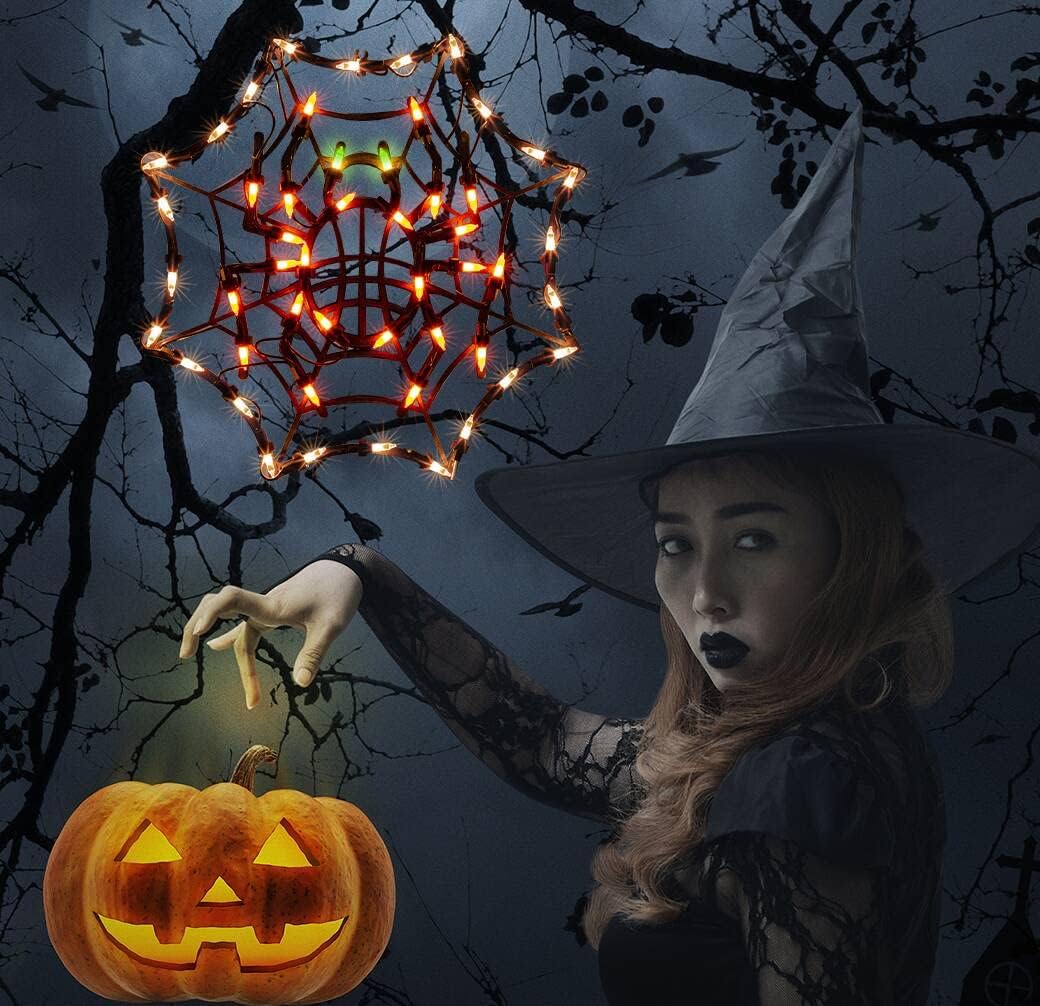 12.8" Lighted Cobweb Halloween Window Silhouette Decoration,Halloween Lighted Window Decoration,Hanging Light Up Holiday Ornament（ Cobweb Light）