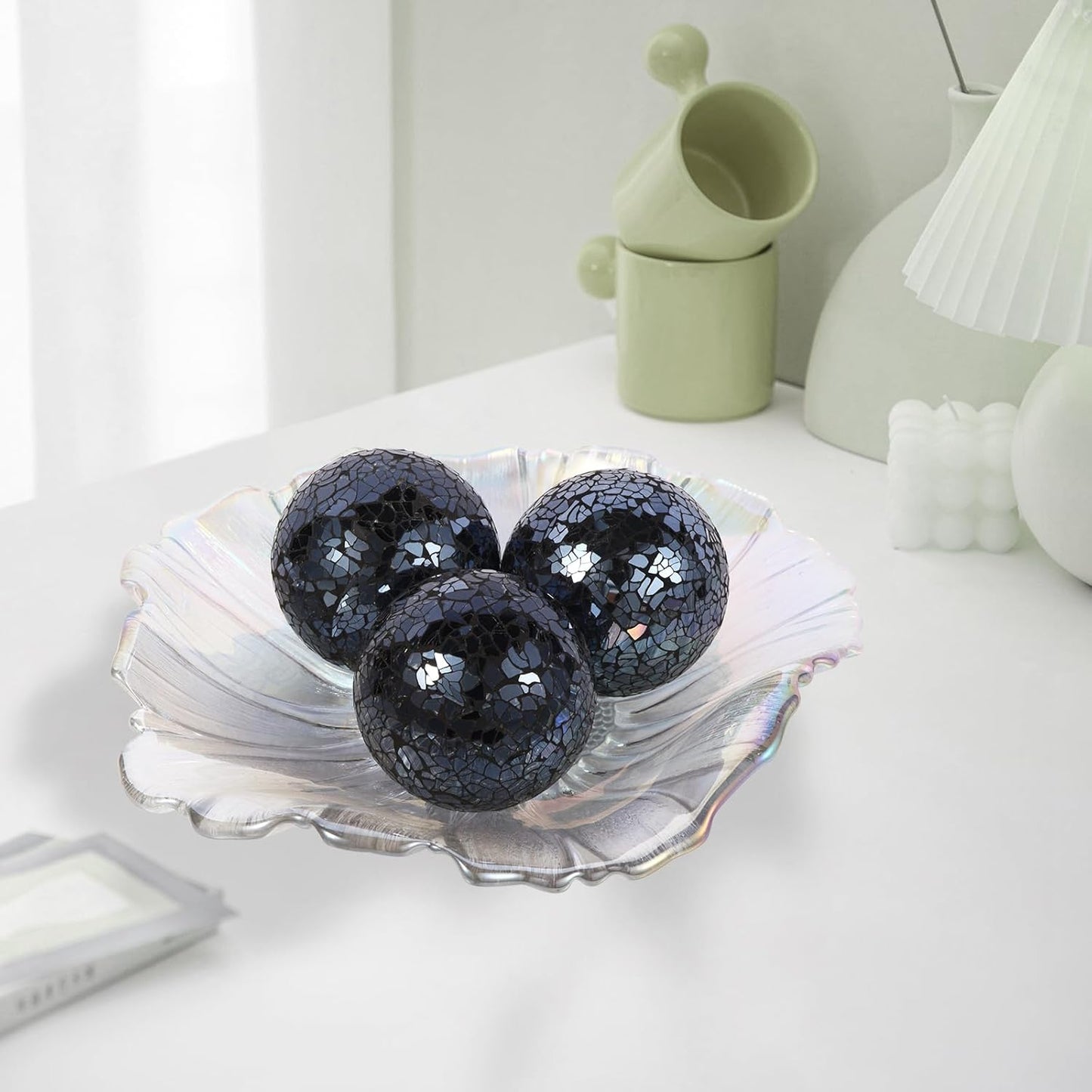 6pc Decorative Ball Set - 6cm/2.4inch Mosaic Glass Orbs for Centerpieces, Table Decor, Wedding Party (Black)