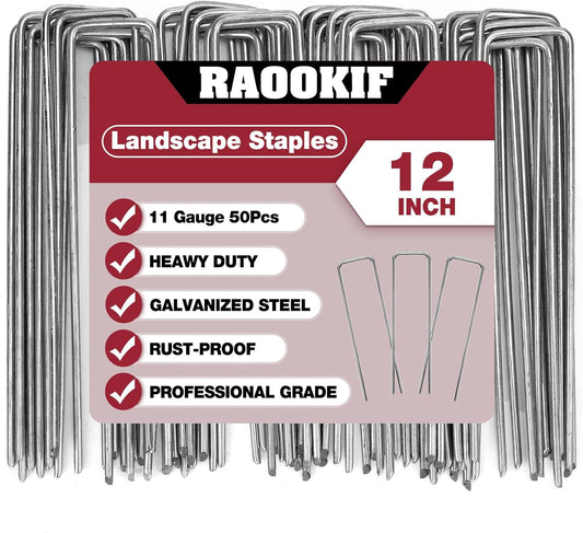 RAOOKIF 12 Inch Galvanized Garden Landscape Staples, 20/50/100/200Pcs Garden Metal Stakes, 11 Gauge Heavy Duty Ground Stakes for Decoration, Fence and Lawn Use, Fabric Pins (50, 12 Inch)