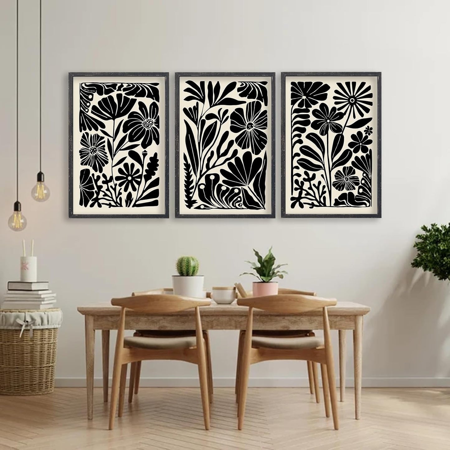 Abstract Floral Botanical Wall Art 16x11 Inch 3 Piece Black Vintage Boho Plant Flower Minimalist Wood Frame Sign Home Living Room Family Office Mid Century Print Wall Hanging Decor (Black)